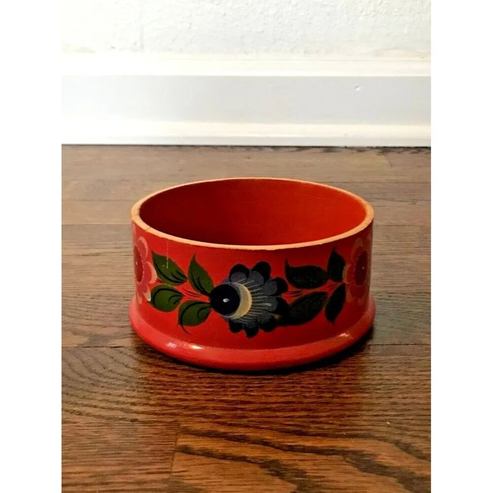 vtg 70s boho wooden jewelry bowl hand painted‎ orange floral home decor gift